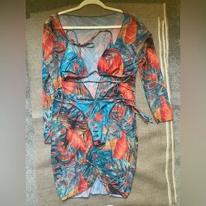 Tropical Print Bikini and Cover-Up Set